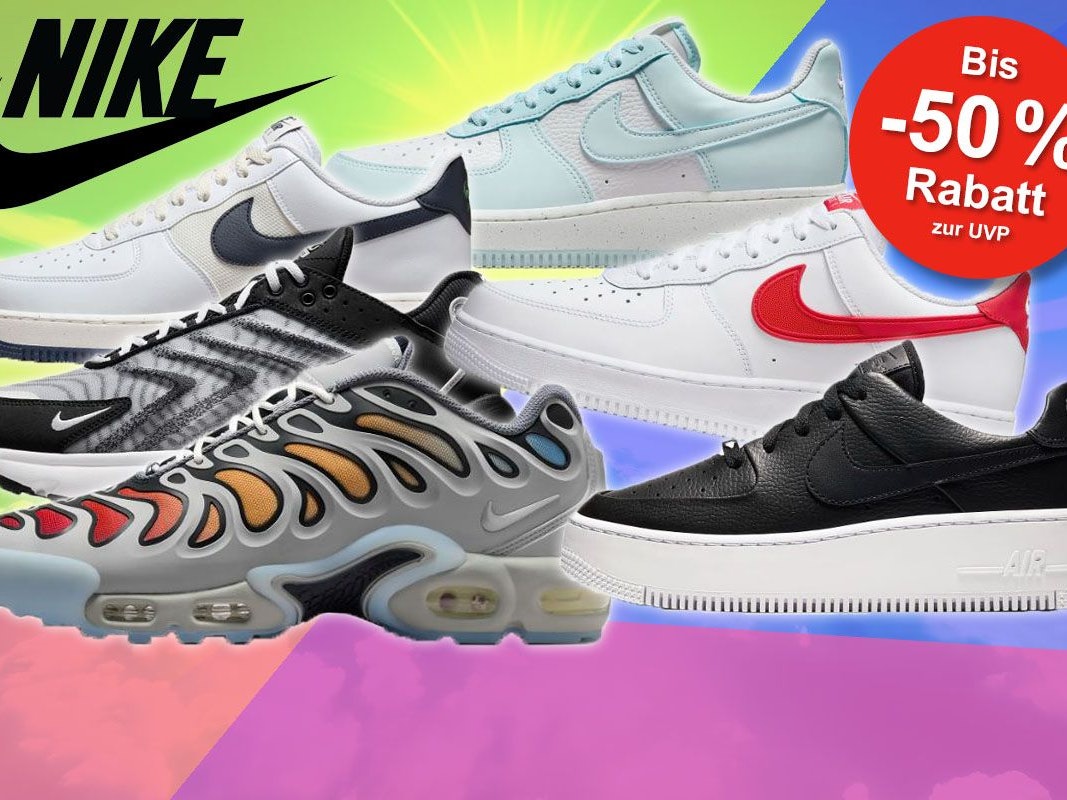 Nike Air Force 1 und Nike Air Max Schuhe, einige beliebte Modelle der Sneaker vor einem abstrakt eingefärbten Himmel in mehreren Farben.