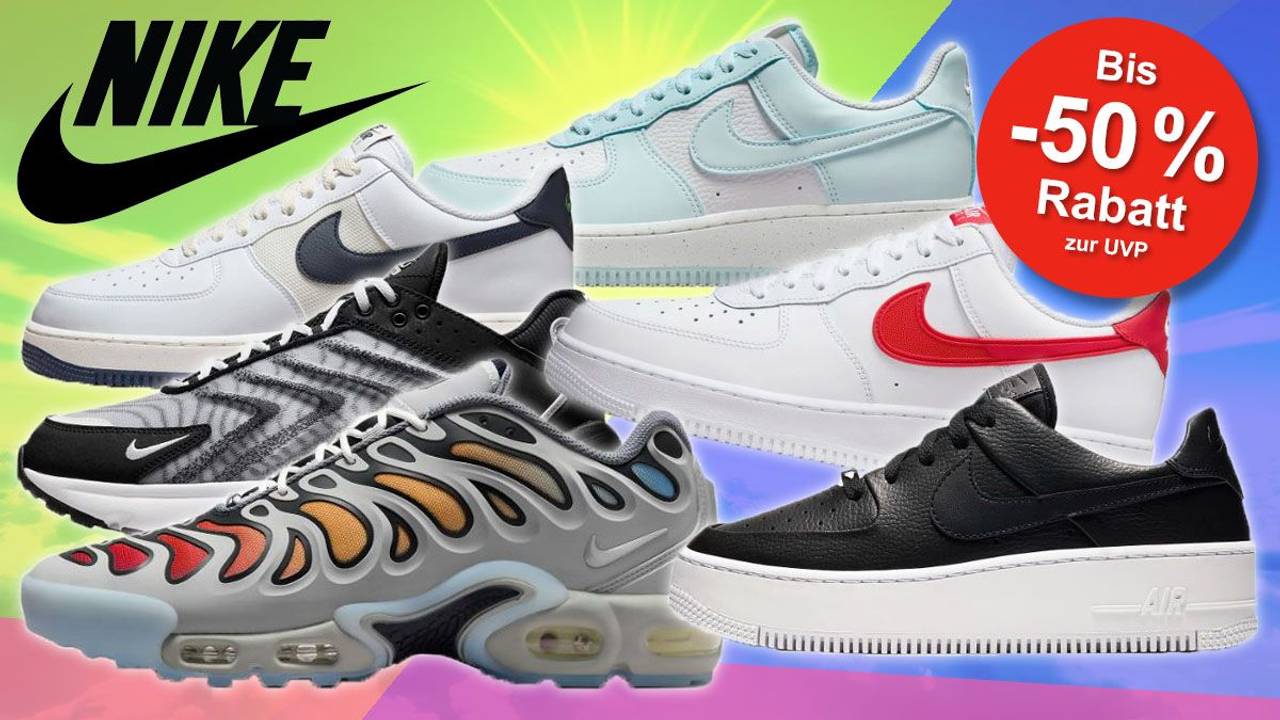 Nike Air Force 1 und Nike Air Max Schuhe, einige beliebte Modelle der Sneaker vor einem abstrakt eingefärbten Himmel in mehreren Farben.