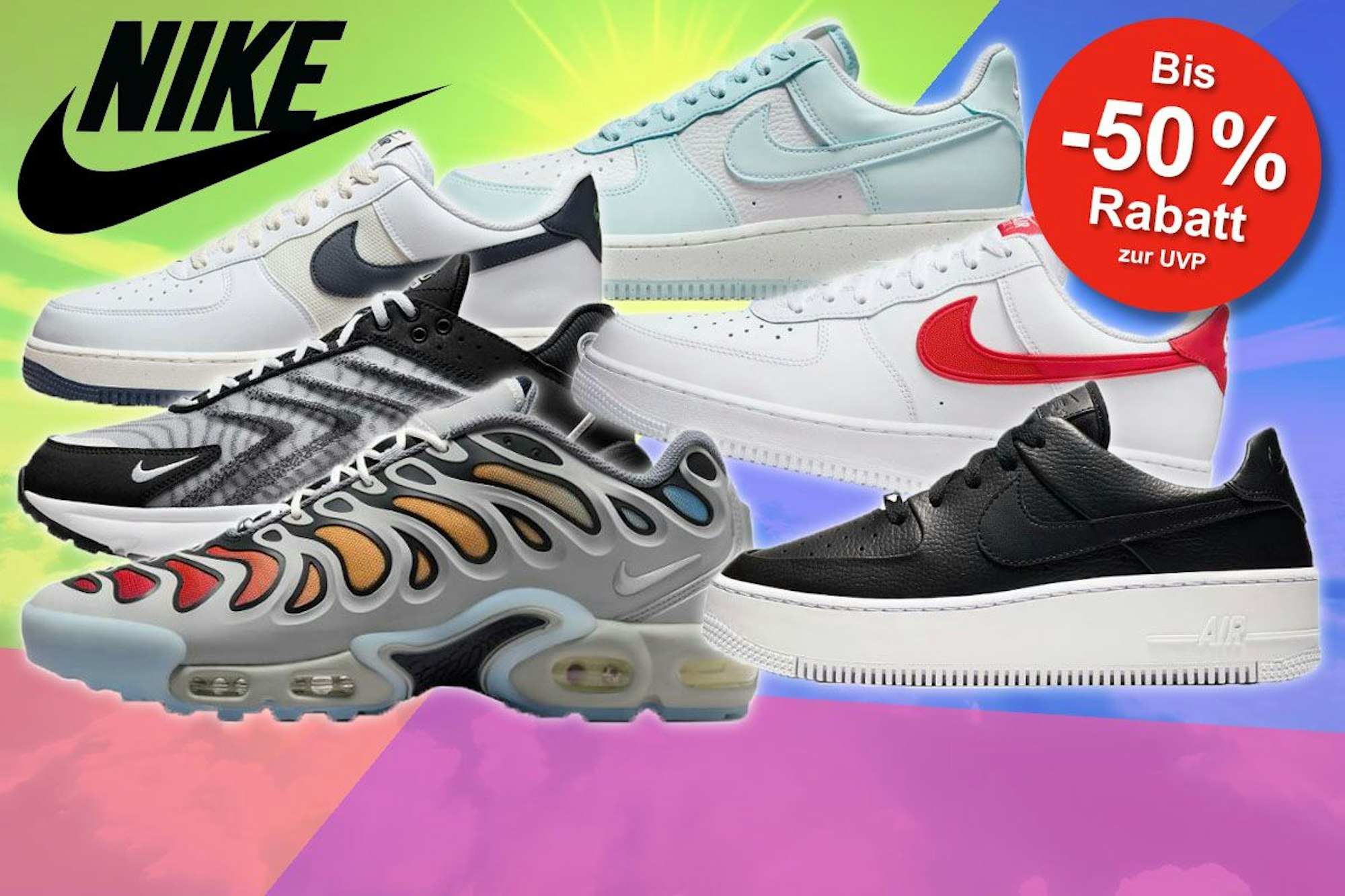 Nike Air Force 1 und Nike Air Max Schuhe, einige beliebte Modelle der Sneaker vor einem abstrakt eingefärbten Himmel in mehreren Farben.