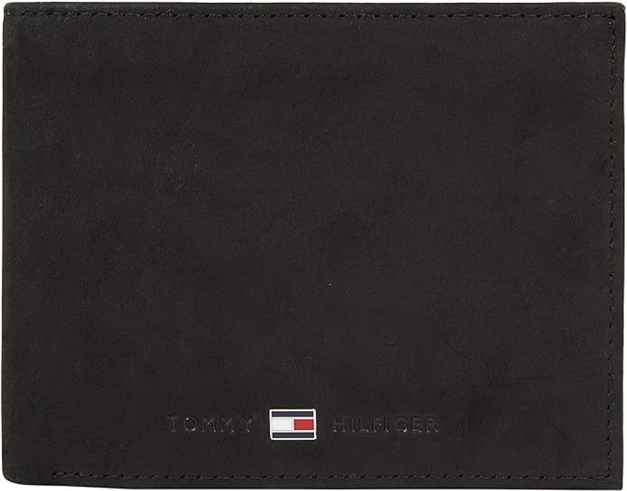 Auf dem Bild ist ein schwarzes Herren Portemonnaie von Tommy Hilfiger zu sehen.