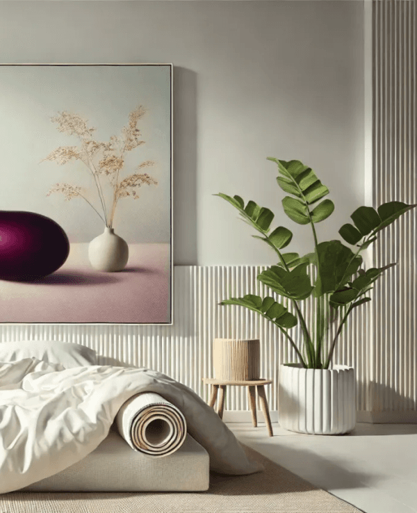 Bett mit Bettdecke in hellem freundlichen Zimmer, an der Wand ein großes Gemälde mit einer Aubergine und Kirschen.