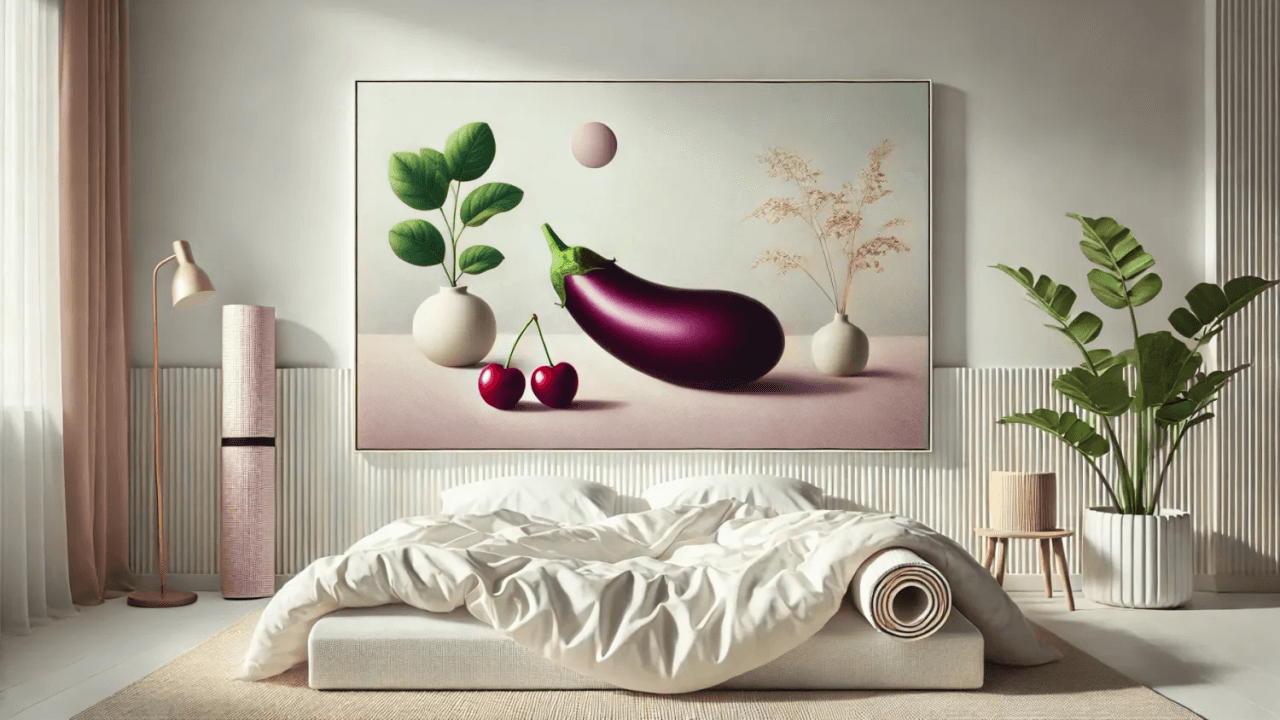 Bett mit Bettdecke in hellem freundlichen Zimmer, an der Wand ein großes Gemälde mit einer Aubergine und Kirschen.