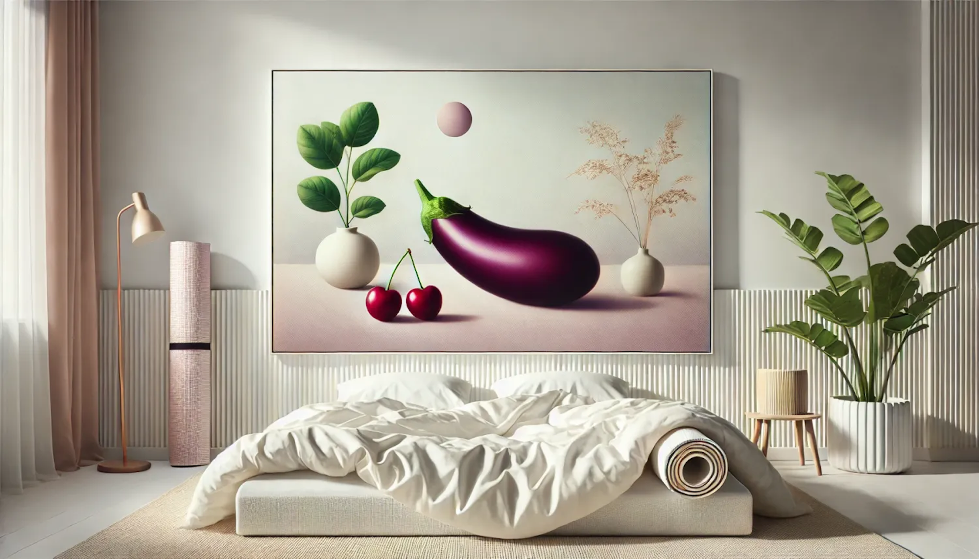 Bett mit Bettdecke in hellem freundlichen Zimmer, an der Wand ein großes Gemälde mit einer Aubergine und Kirschen.