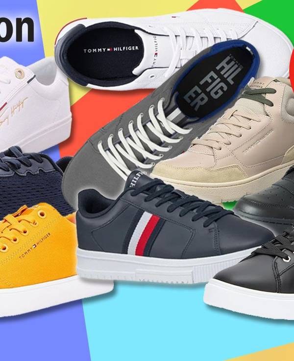Sneaker und Schuhe von Tommy Hilfiger in einer Collage vor einem farbenfrohen Hintergund.