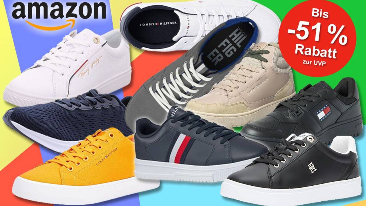 Sneaker und Schuhe von Tommy Hilfiger in einer Collage vor einem farbenfrohen Hintergund.