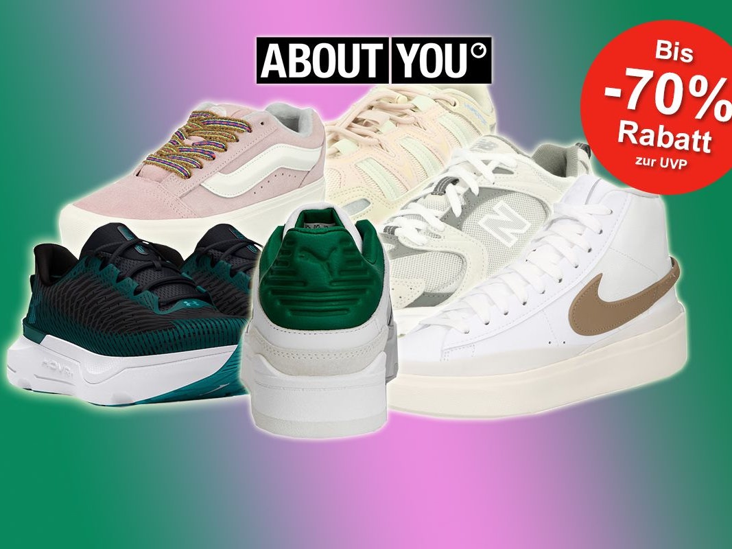 Auf dem Bild sind verschiedene Sneaker-Modelle von Marken Nike, Puma, Vans, New Balance und mehr zu sehen.