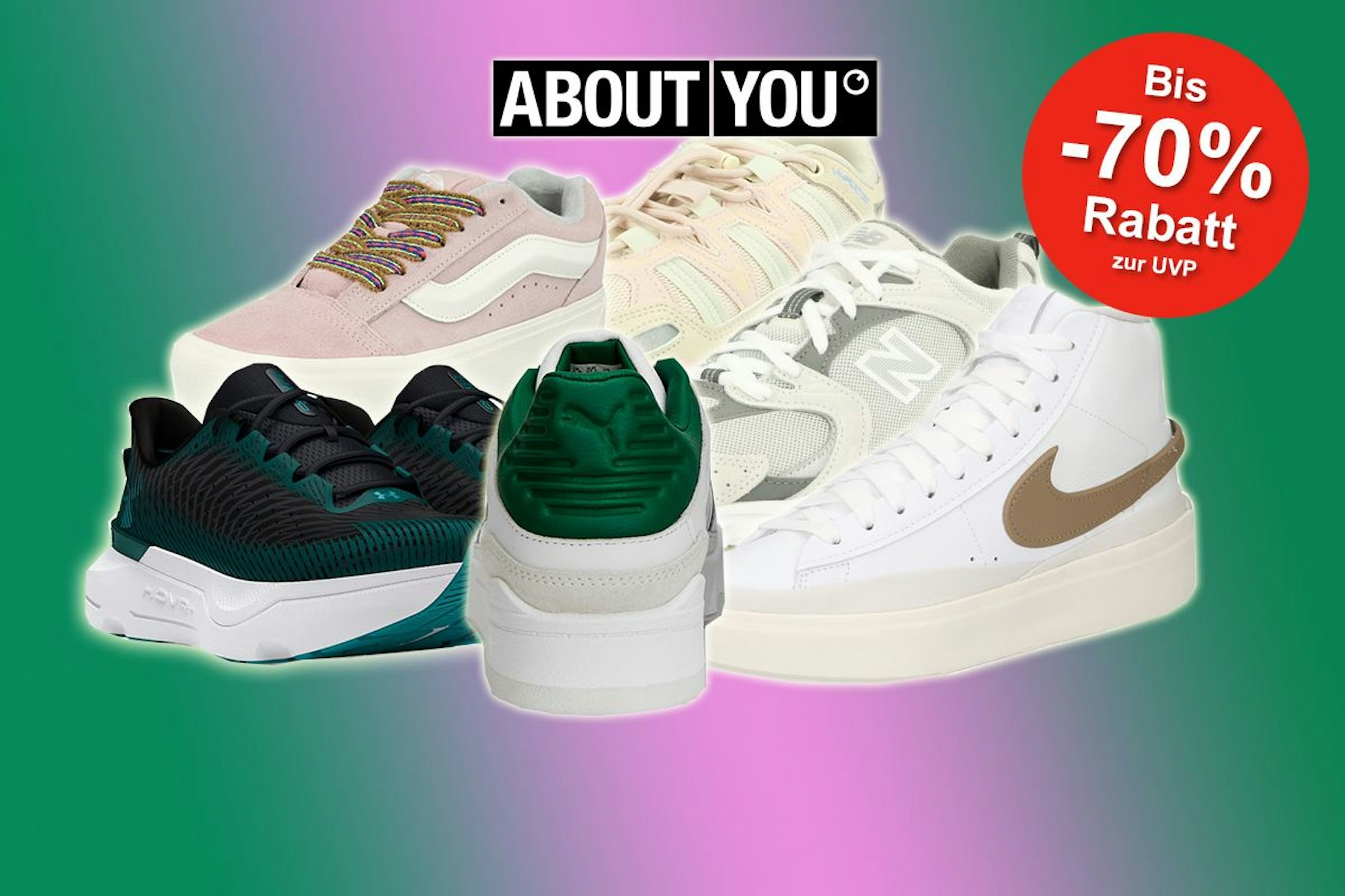 Auf dem Bild sind verschiedene Sneaker-Modelle von Marken Nike, Puma, Vans, New Balance und mehr zu sehen.