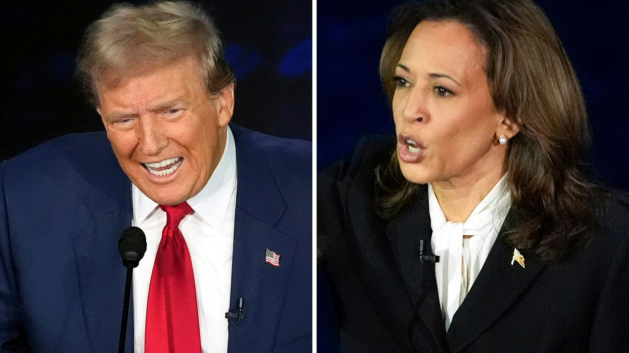 Diese Fotokombination zeigt den republikanischen Präsidentschaftskandidaten und ehemaligen US-Präsidenten Donald Trump und die demokratische Präsidentschaftskandidatin und US-Vizepräsidentin Kamala Harris während einer Präsidentschaftsdebatte im National Constitution Center.
