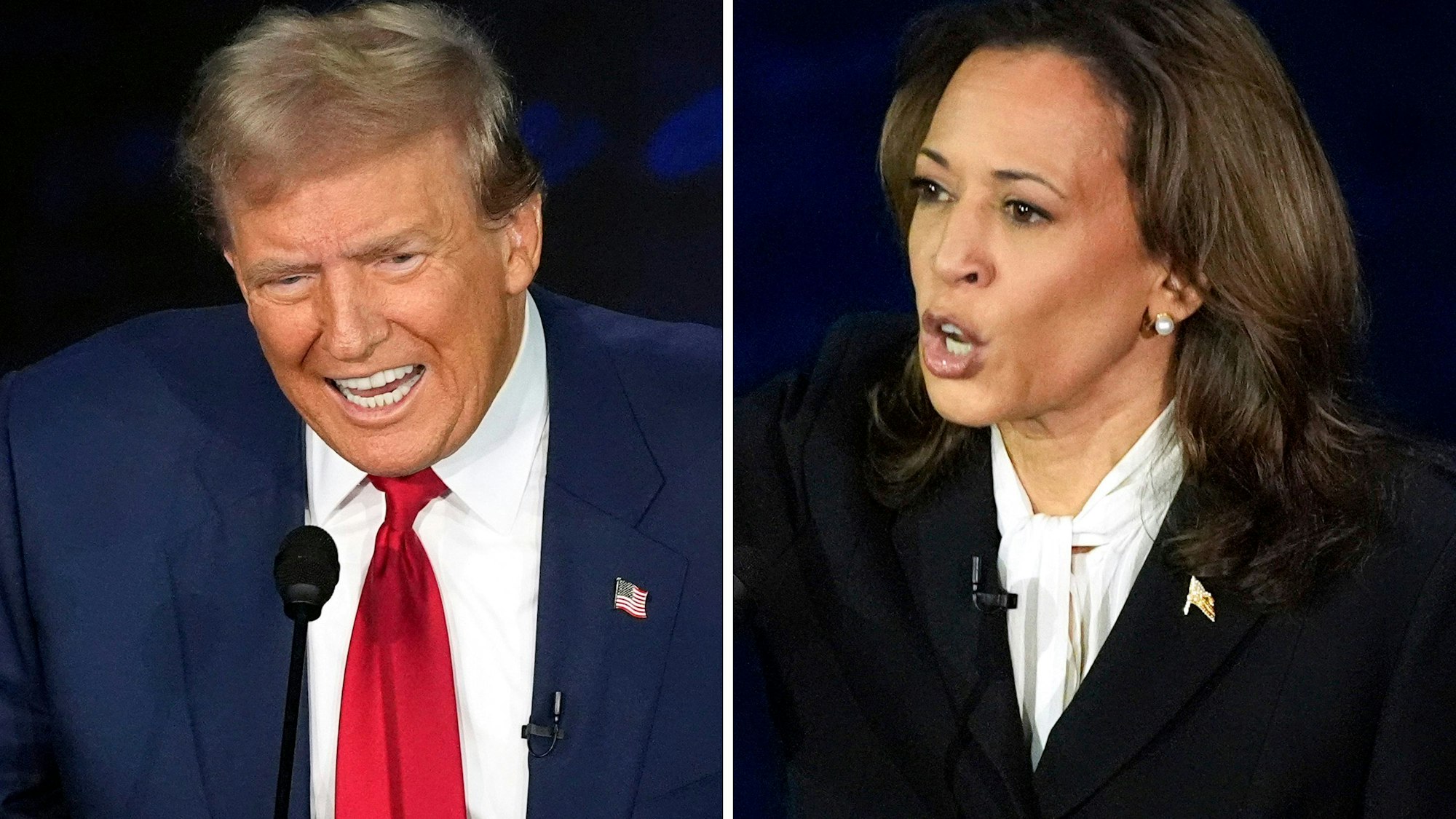 Diese Fotokombination zeigt den republikanischen Präsidentschaftskandidaten und ehemaligen US-Präsidenten Donald Trump und die demokratische Präsidentschaftskandidatin und US-Vizepräsidentin Kamala Harris während einer Präsidentschaftsdebatte im National Constitution Center.