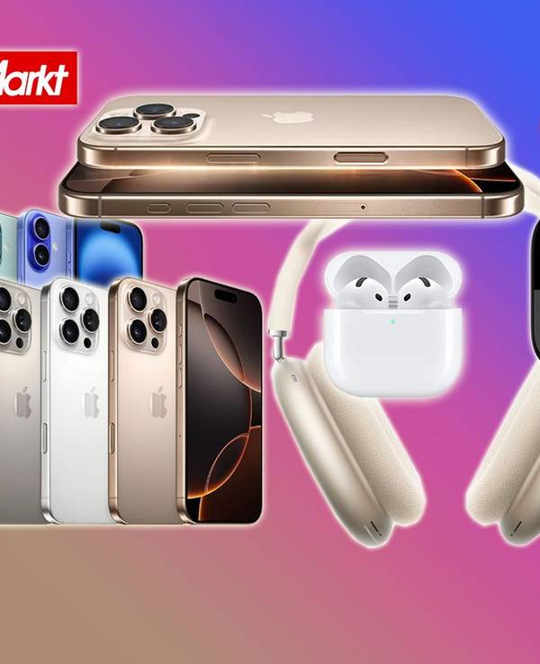 Auf dem Bild sind Apple Produkte wie das iPhone 16, das iPhone 16 Pro, die Apple Watch 10 und mehr angeordnet.