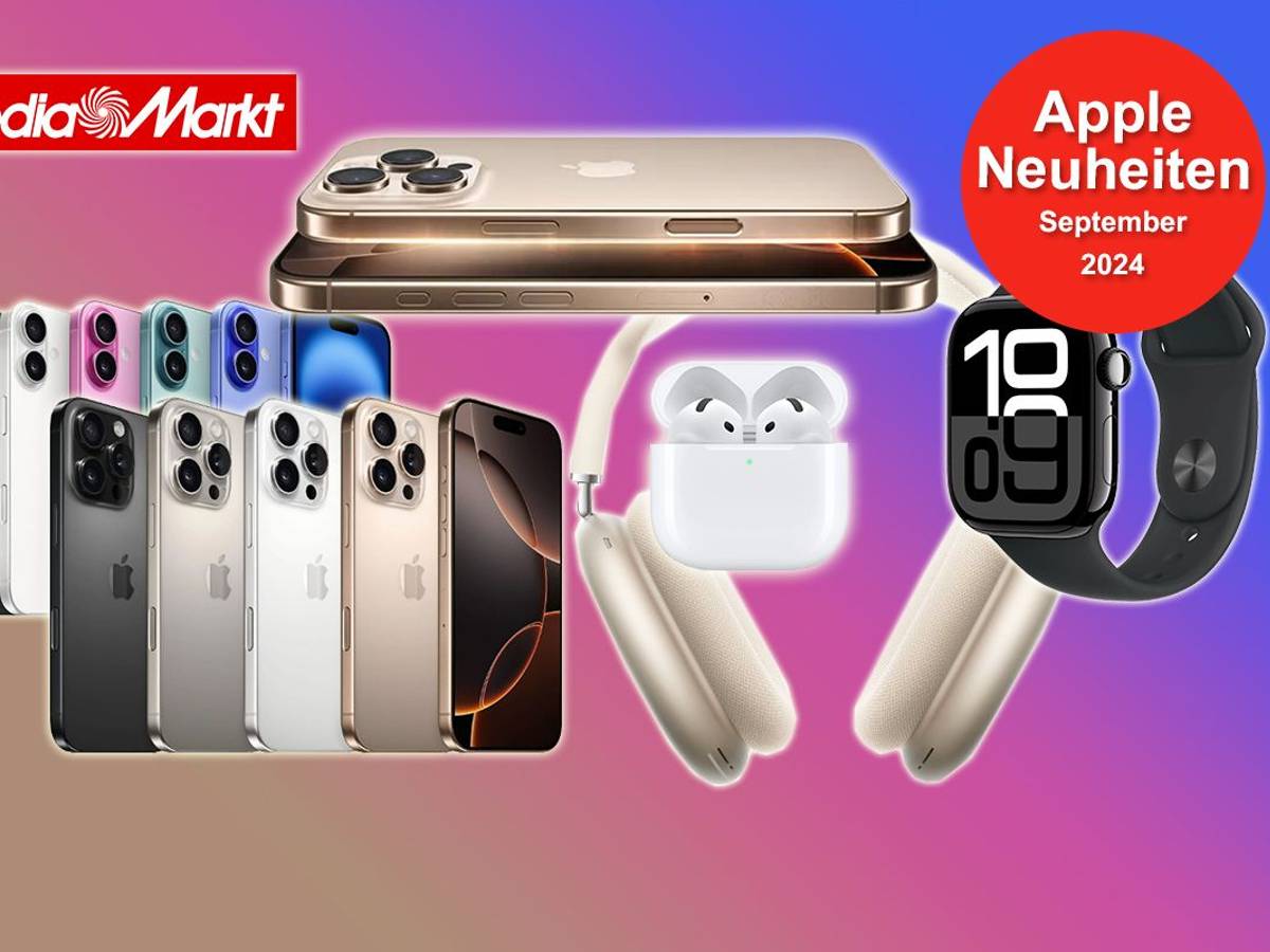 Auf dem Bild sind Apple Produkte wie das iPhone 16, das iPhone 16 Pro, die Apple Watch 10 und mehr angeordnet.