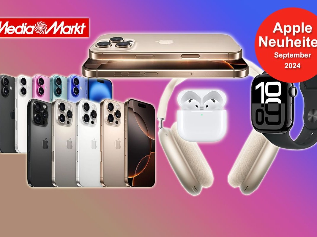 Auf dem Bild sind Apple Produkte wie das iPhone 16, das iPhone 16 Pro, die Apple Watch 10 und mehr angeordnet.