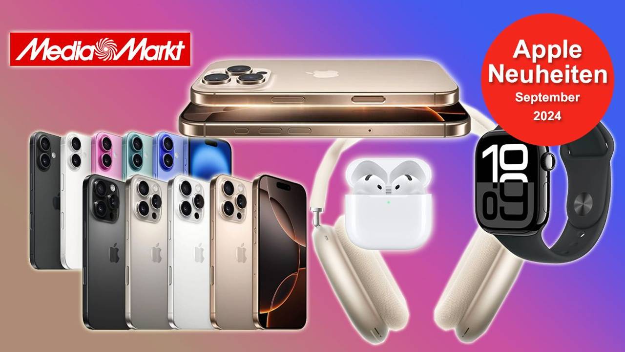 Auf dem Bild sind Apple Produkte wie das iPhone 16, das iPhone 16 Pro, die Apple Watch 10 und mehr angeordnet.