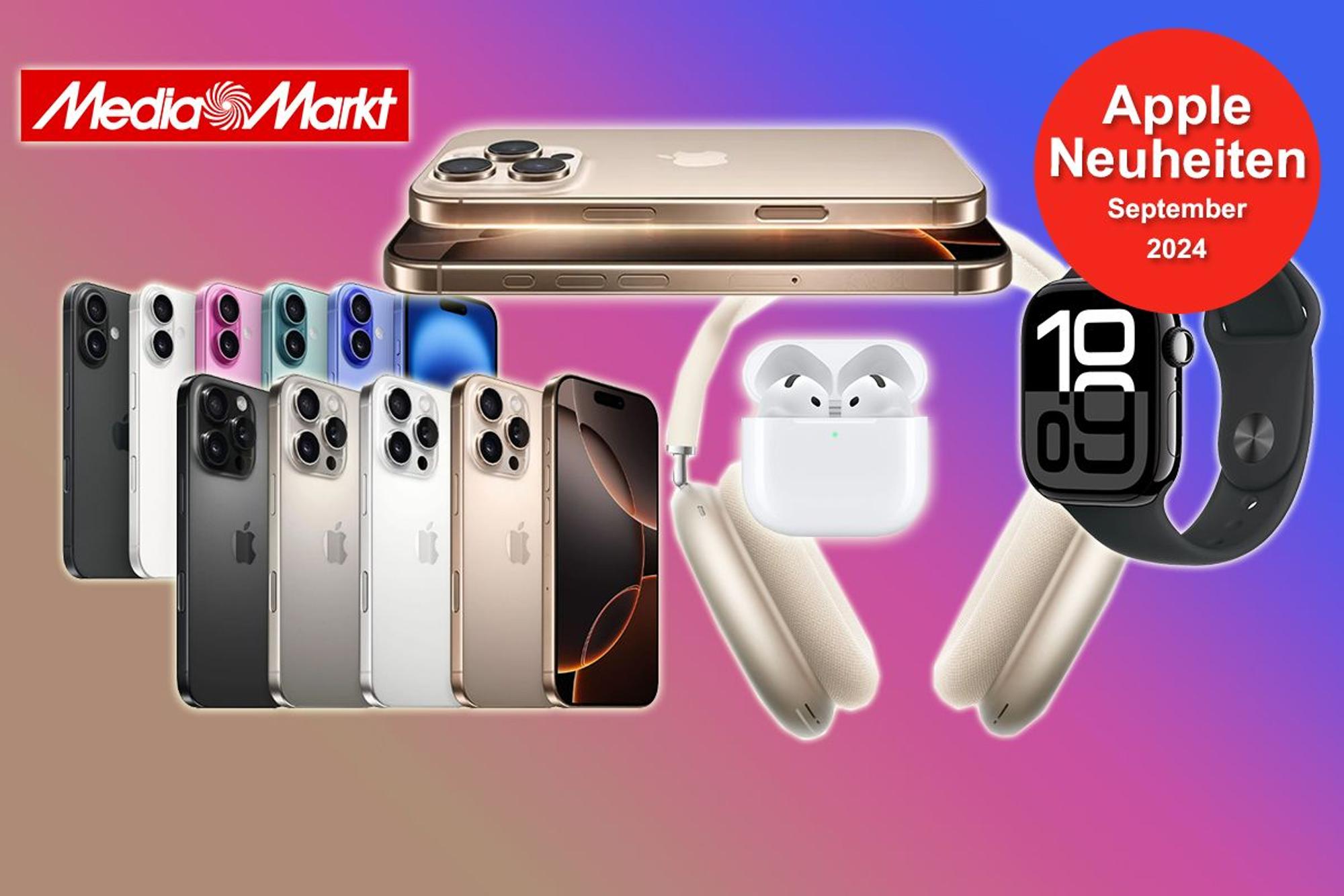 Auf dem Bild sind Apple Produkte wie das iPhone 16, das iPhone 16 Pro, die Apple Watch 10 und mehr angeordnet.