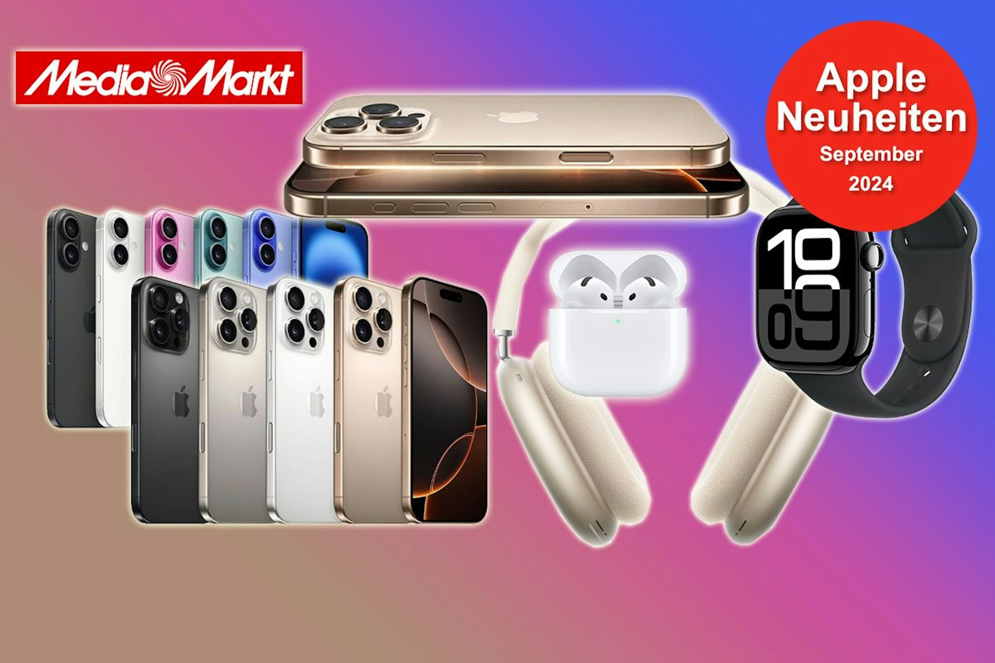 Auf dem Bild sind Apple Produkte wie das iPhone 16, das iPhone 16 Pro, die Apple Watch 10 und mehr angeordnet.