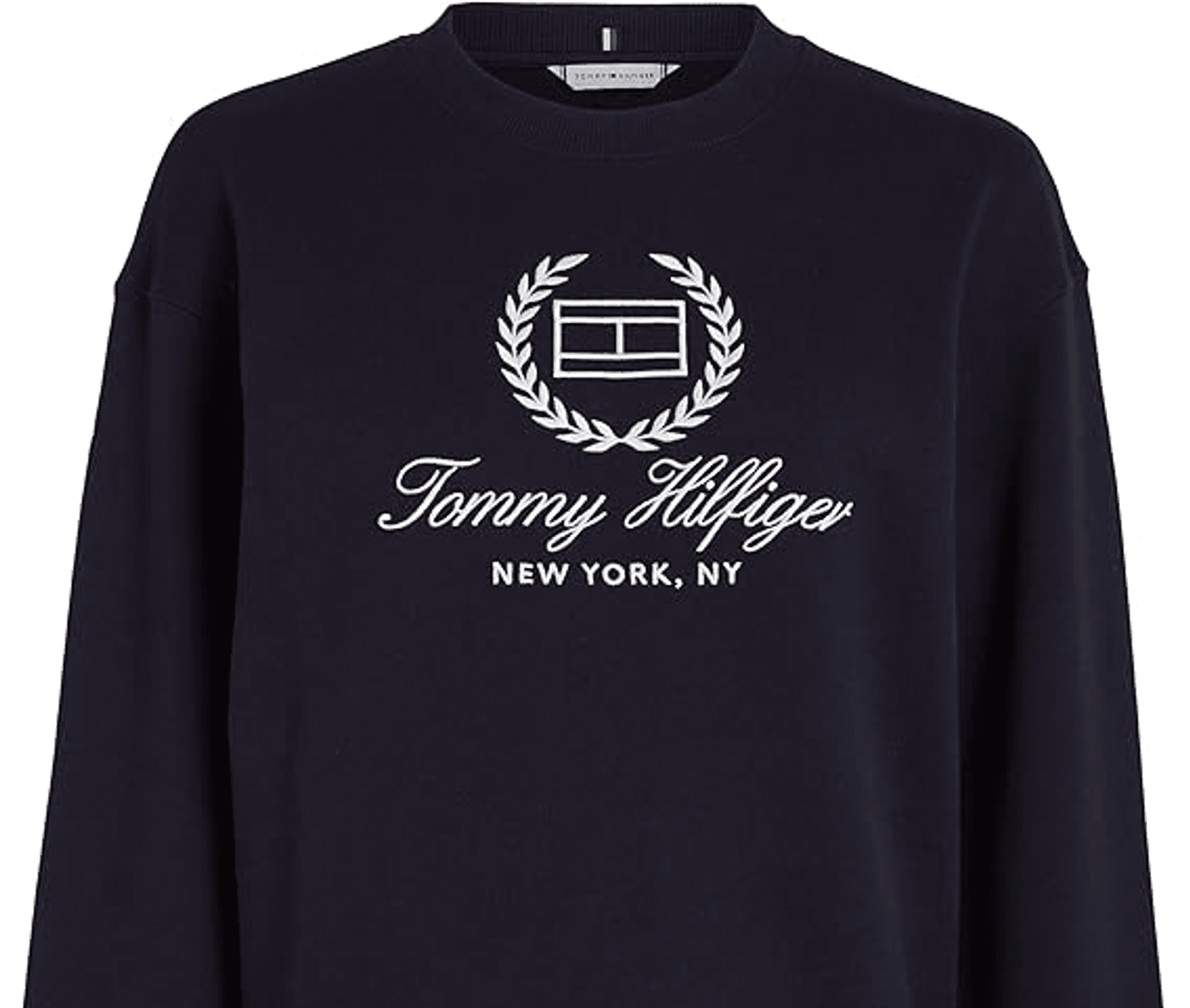 Auf dem Bild ist ein dunkelblaues Tommy Hilfiger Damen Sweatshirt abgebildet.