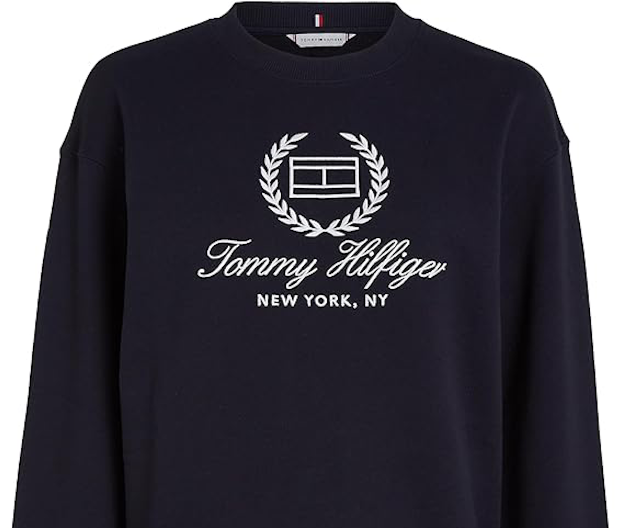Auf dem Bild ist ein dunkelblaues Tommy Hilfiger Damen Sweatshirt abgebildet.