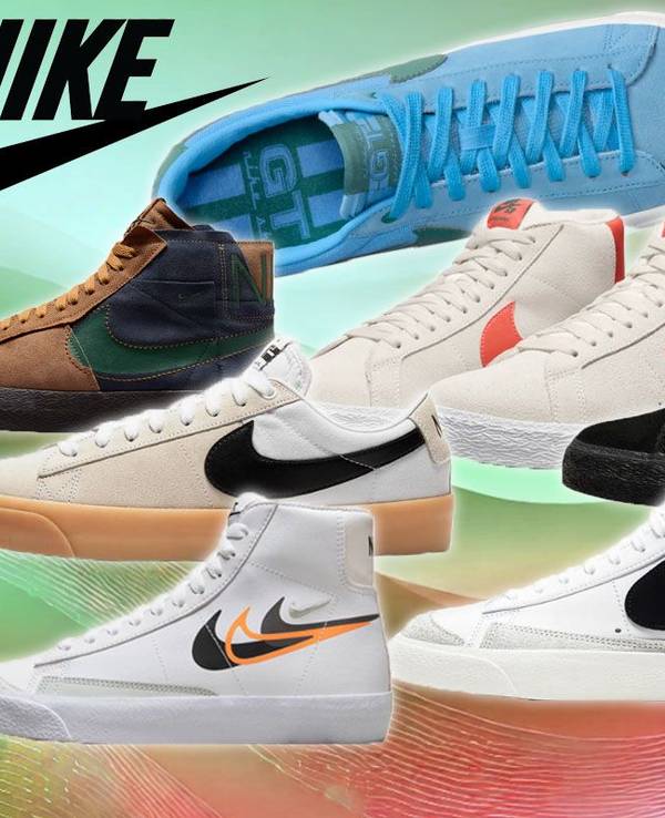 Nike Blazer Sneaker in mehreren Versionen Low Top und High Top vor einem grün roten Hintergrund.