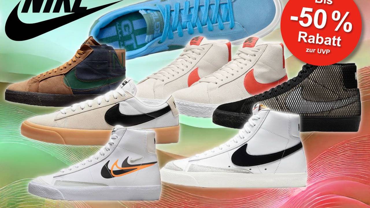 Nike Blazer Sneaker in mehreren Versionen Low Top und High Top vor einem grün roten Hintergrund.