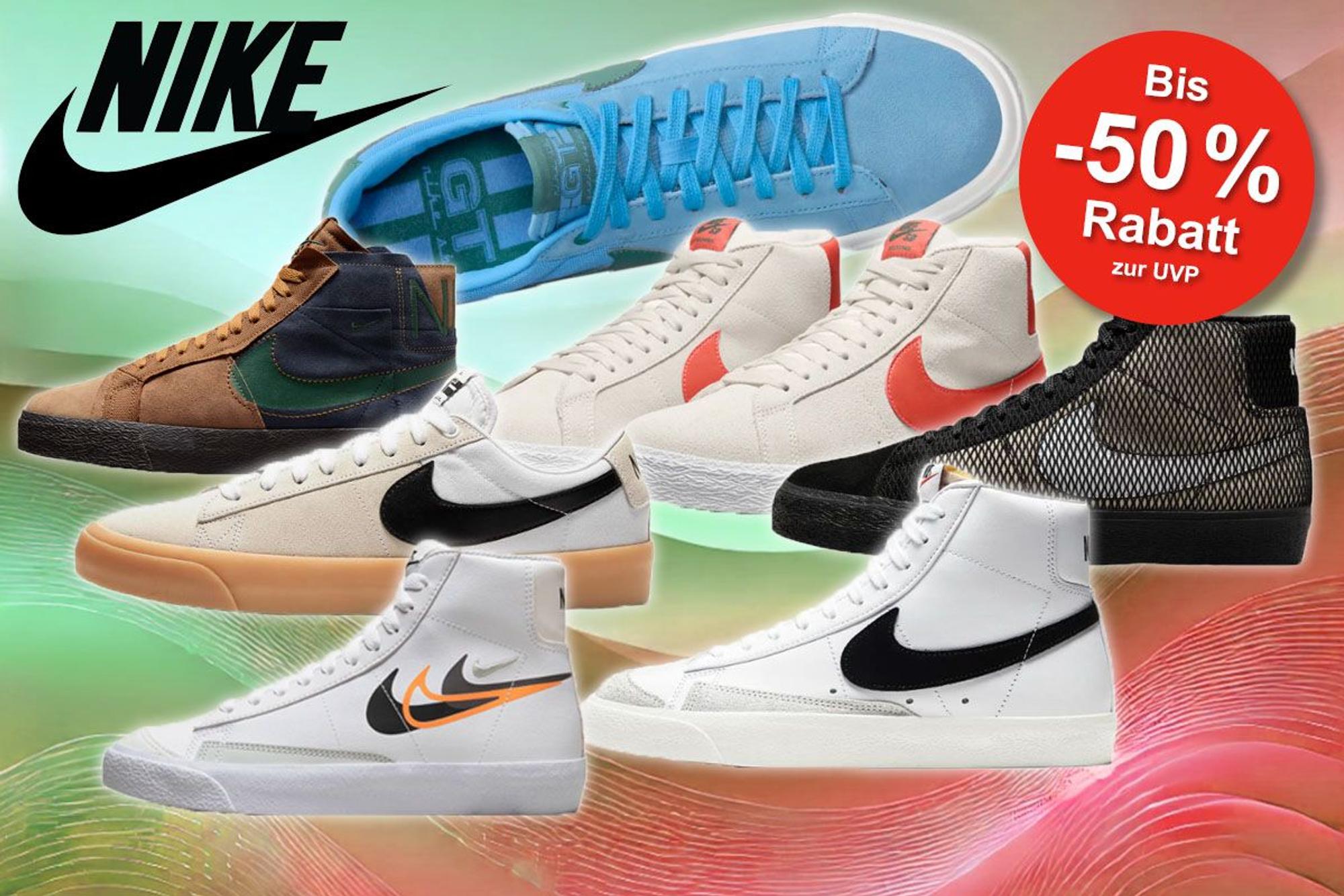Nike Blazer Sneaker in mehreren Versionen Low Top und High Top vor einem grün roten Hintergrund.