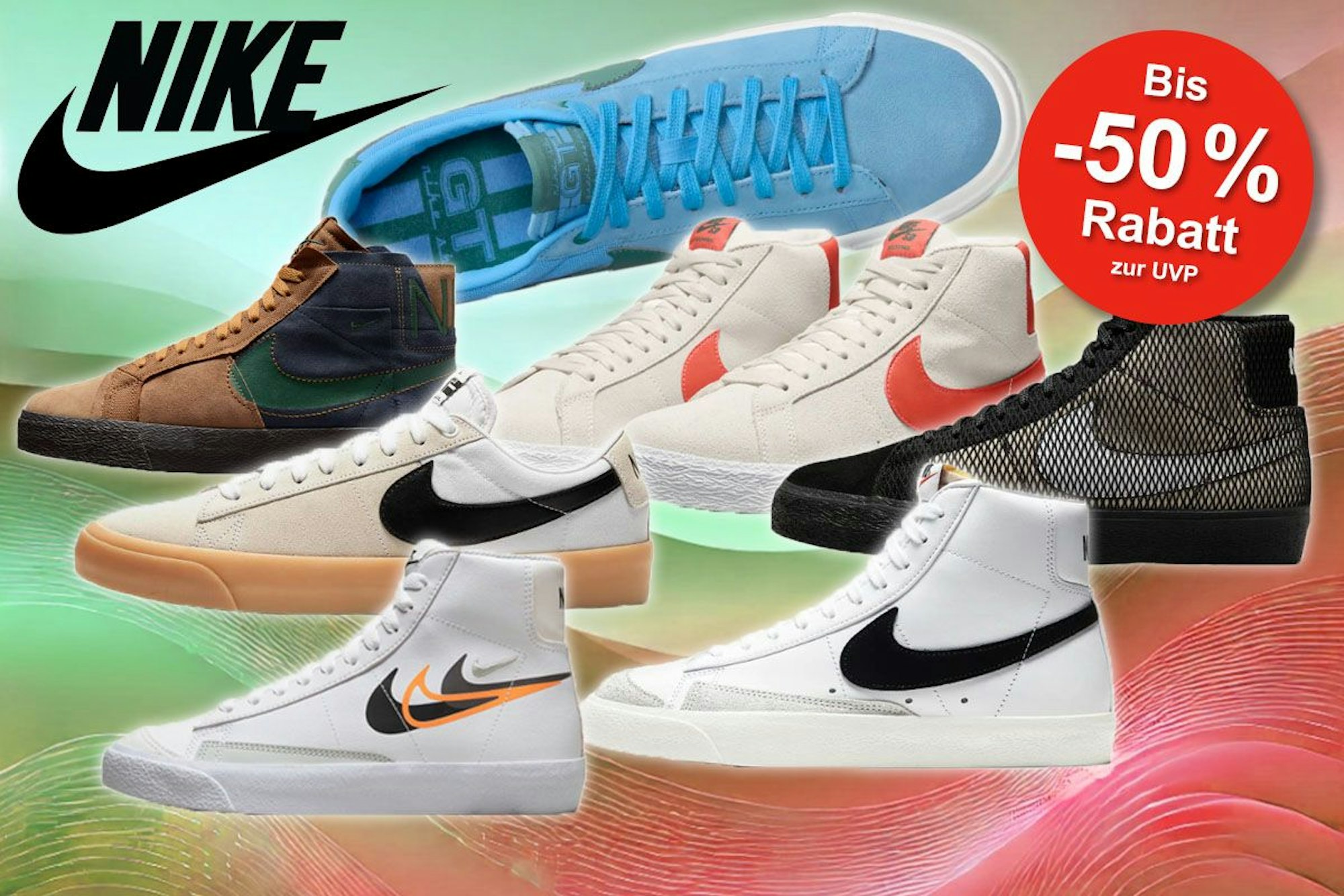 Nike Blazer Sneaker in mehreren Versionen Low Top und High Top vor einem grün roten Hintergrund.
