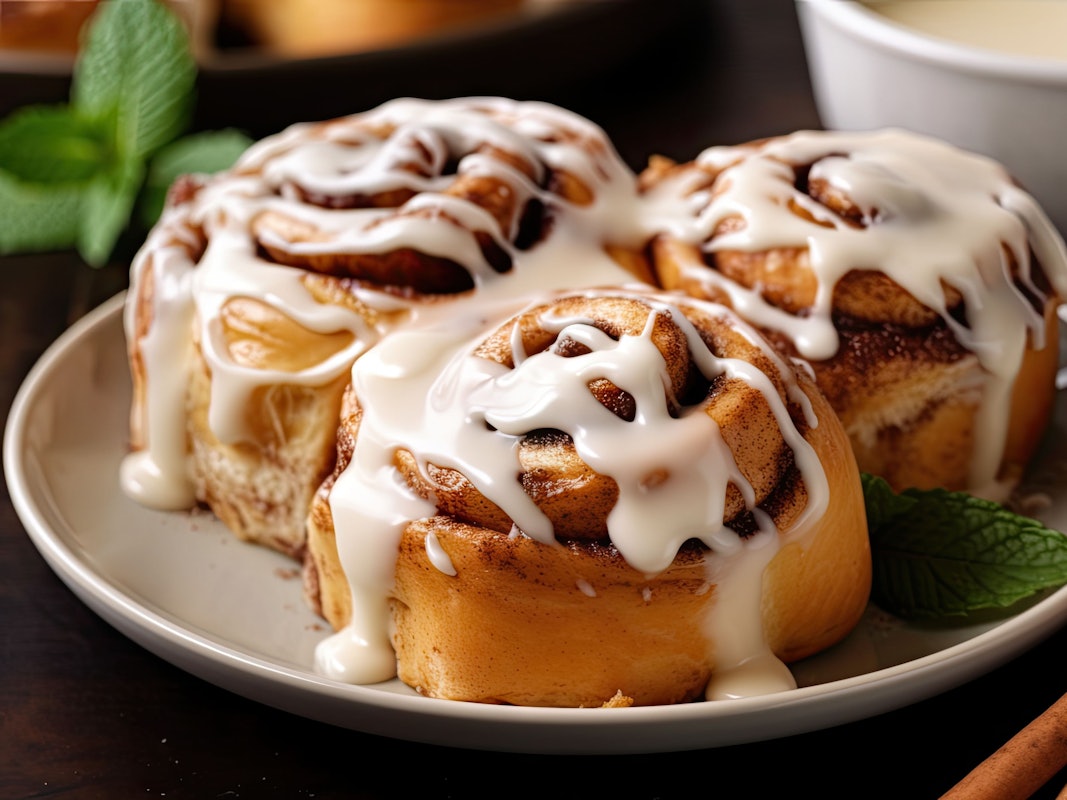 Auf dem Foto sind drei Zimtschnecken mit Glasur zu sehen, die auf einem Teller angeordnet sind.