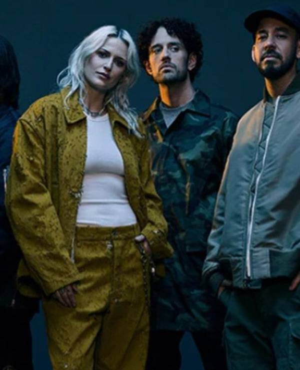 Linkin Park mit den Bandmitgliedern Mike Shinoda, Brad Delson, Phoenix und Joe Hahn, Emily Armstrong und Colin Brittain.