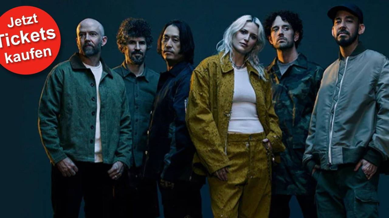 Linkin Park mit den Bandmitgliedern Mike Shinoda, Brad Delson, Phoenix und Joe Hahn, Emily Armstrong und Colin Brittain.