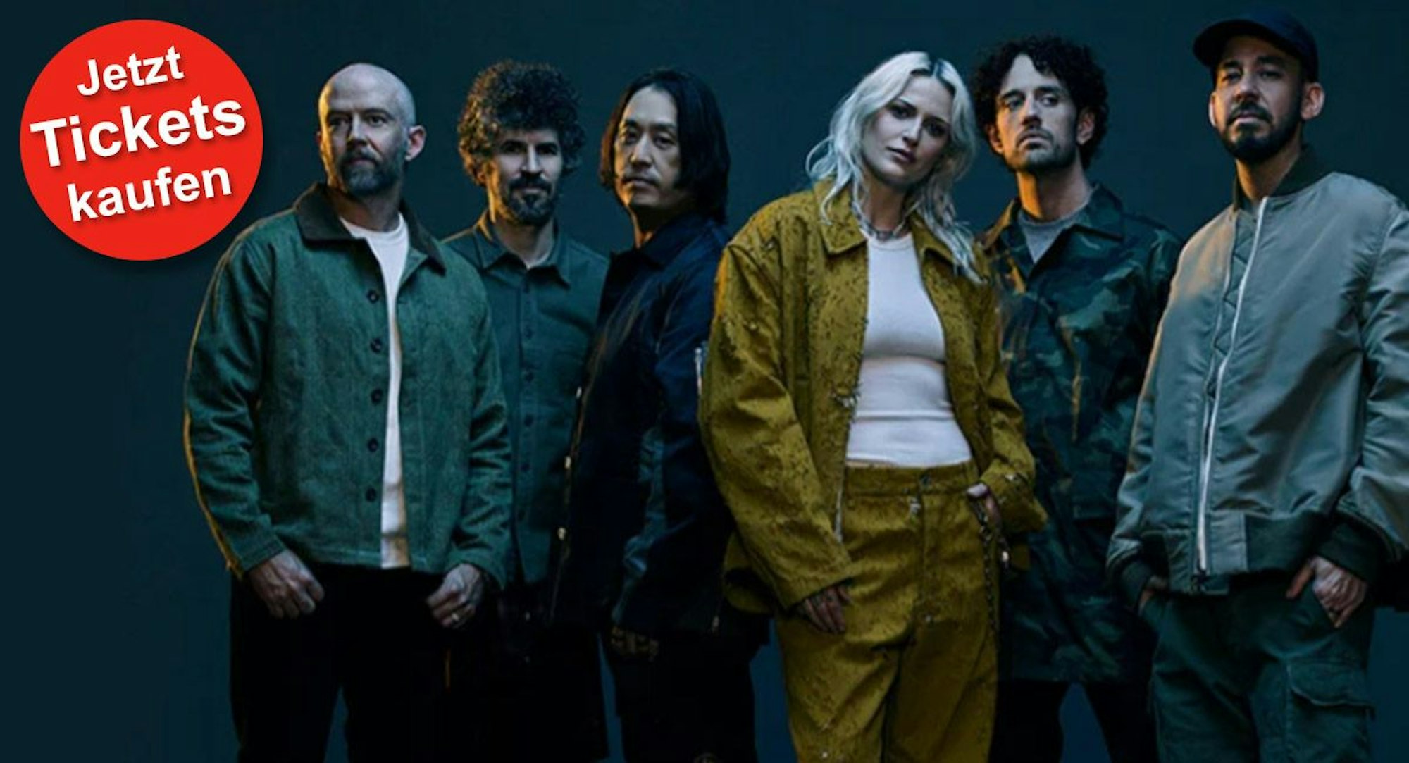 Linkin Park mit den Bandmitgliedern Mike Shinoda, Brad Delson, Phoenix und Joe Hahn, Emily Armstrong und Colin Brittain.