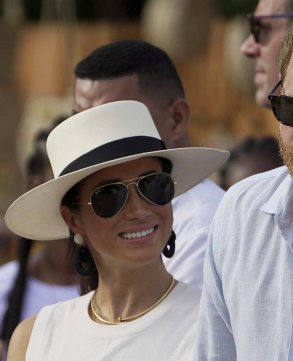 Prince Harry and Meghan arrive to San Basilio de Palenque, Colombia, Saturday, Aug. 17, 2024. (AP Photo/Ivan Valencia)