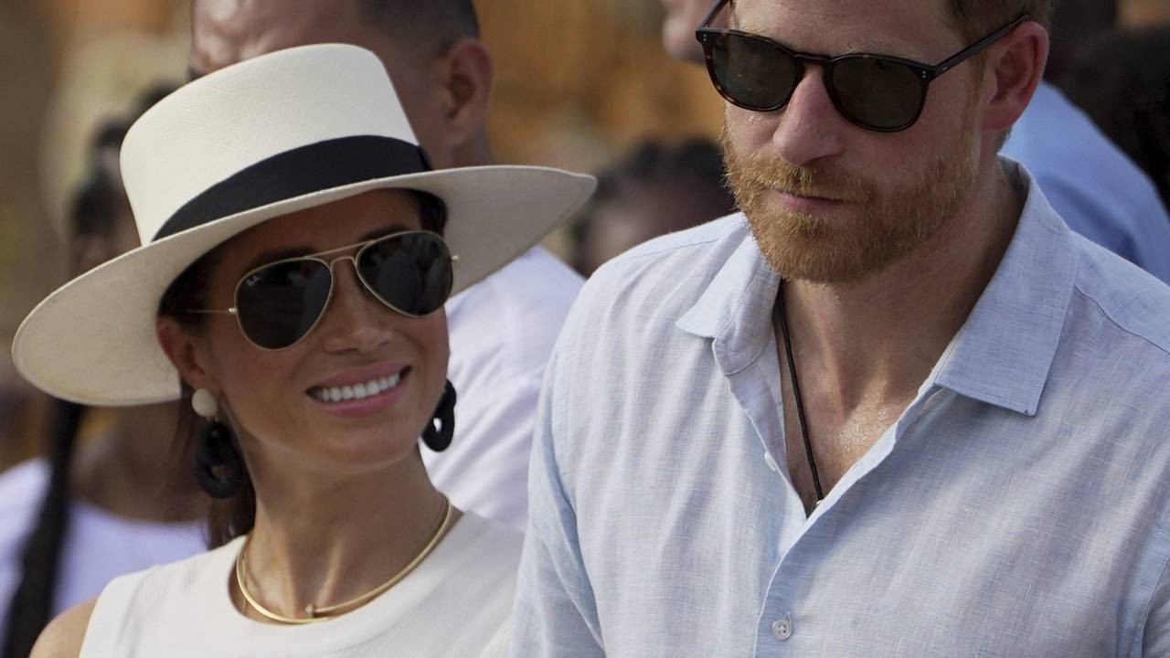 Prince Harry and Meghan arrive to San Basilio de Palenque, Colombia, Saturday, Aug. 17, 2024. (AP Photo/Ivan Valencia)