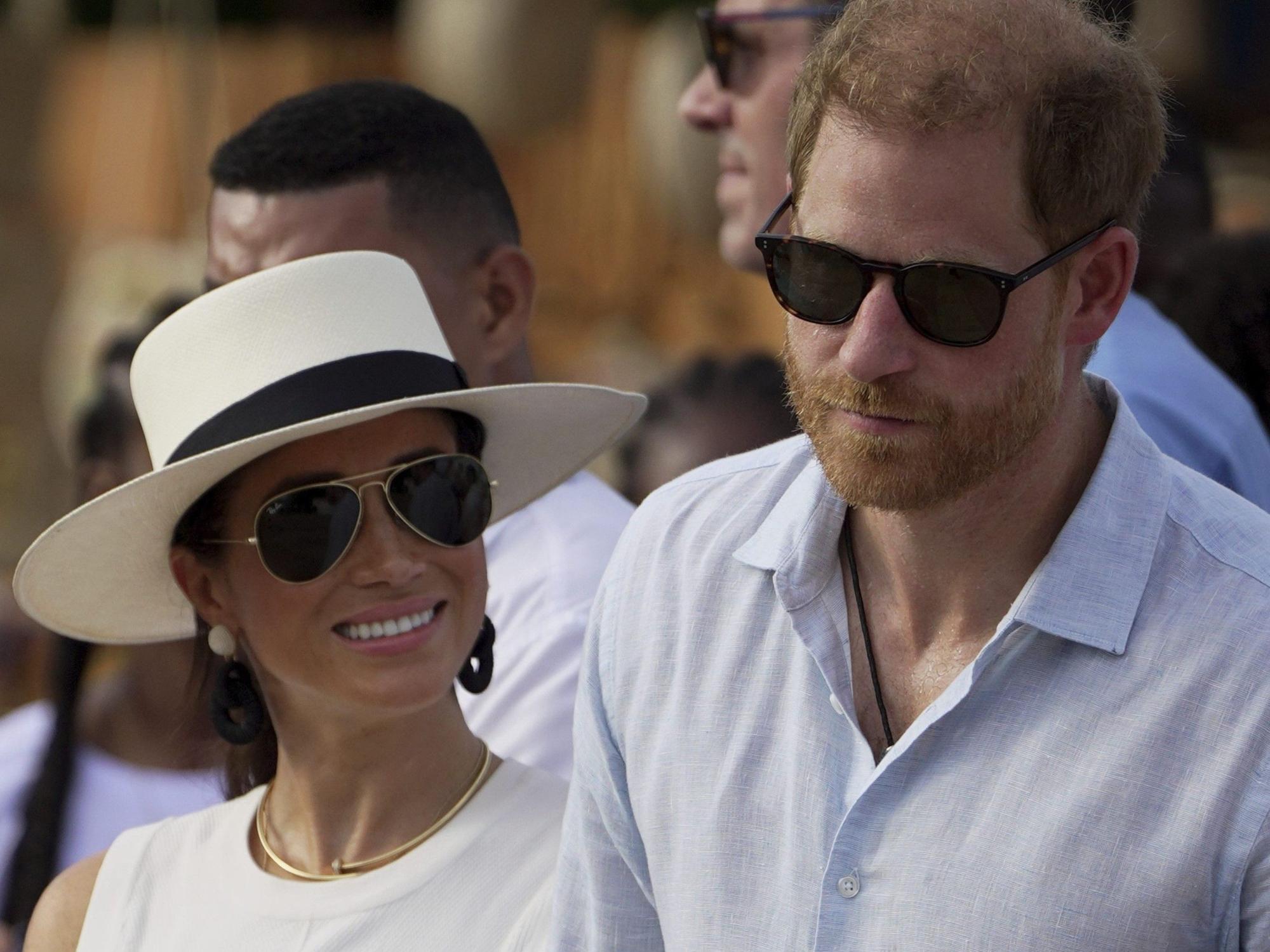 Prince Harry and Meghan arrive to San Basilio de Palenque, Colombia, Saturday, Aug. 17, 2024. (AP Photo/Ivan Valencia)