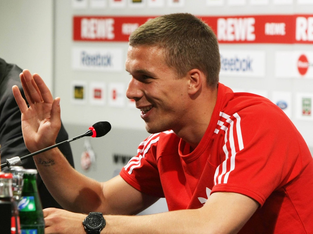 Lukas Podolski bei einer PK nach seiner Rückkehr zum 1. FC Köln.
