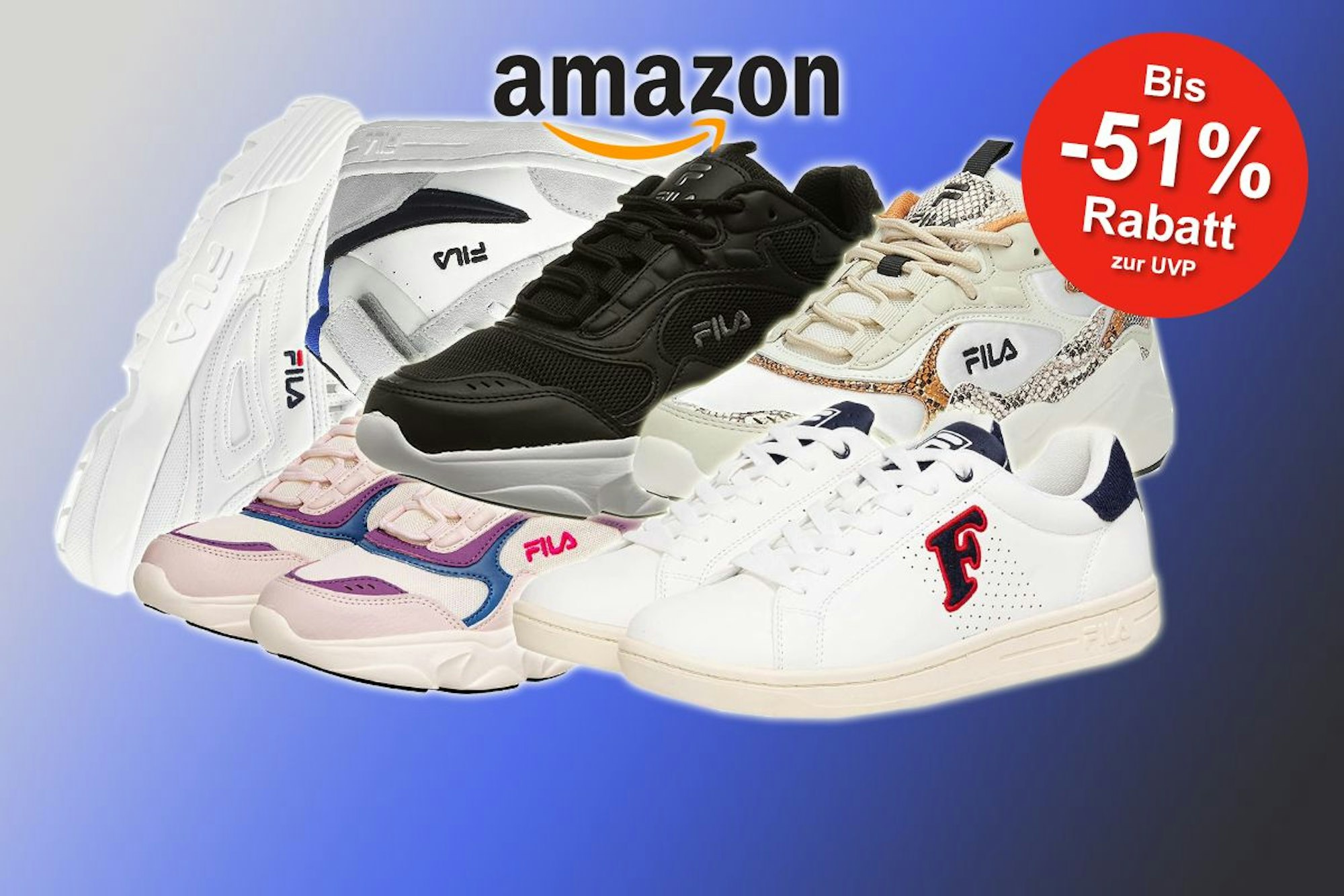 Auf dem Bild sind verschiedene Sneaker Modelle der Marke FILA vor einem Hintergrund angeordnet.