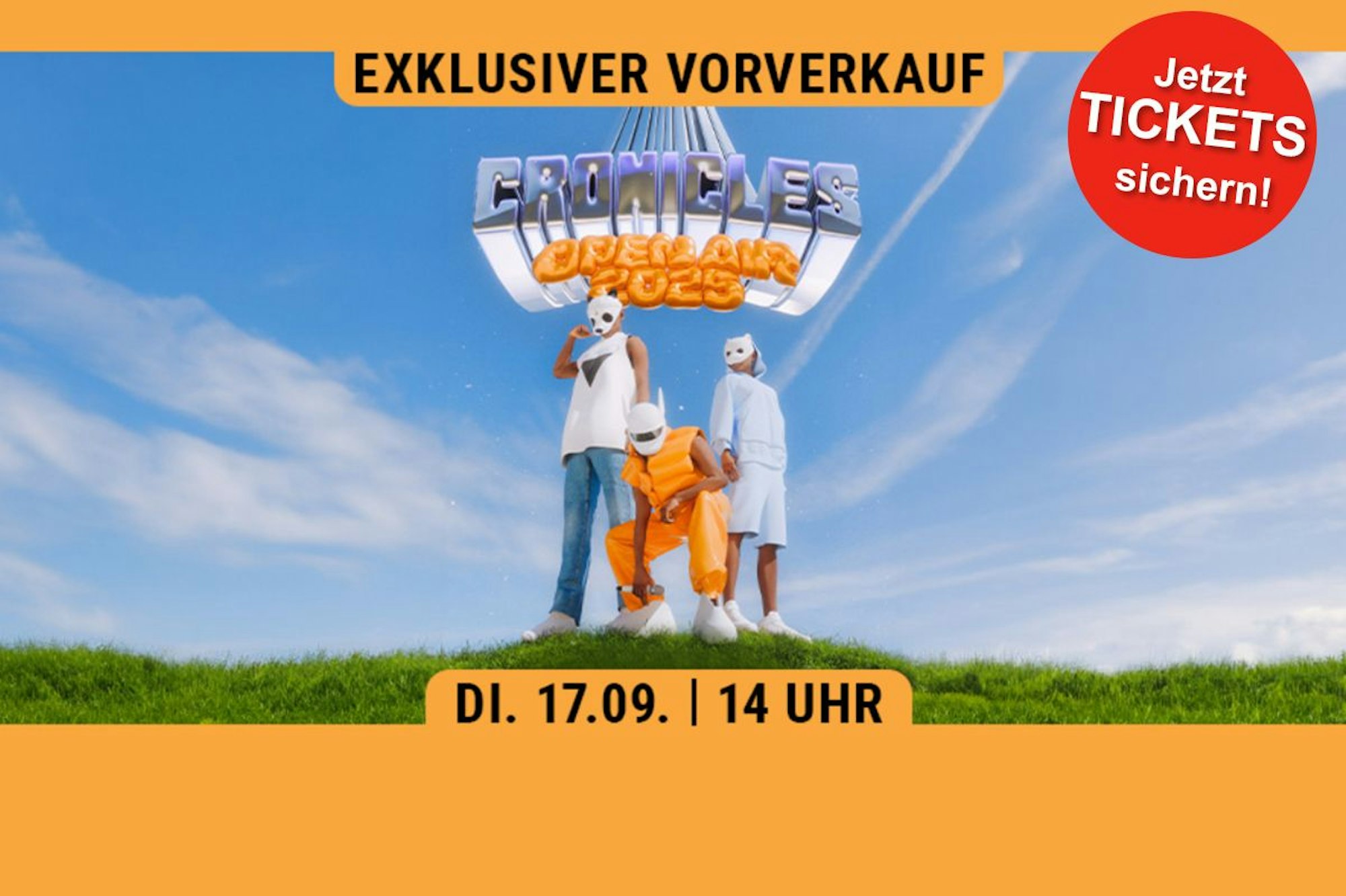 Das Bild zeigt CRO auf einer Wiese mit blauem Himmel. Über CRO ist der Schriftzug CRONICLES OPEN AIR 2025 zu sehen.