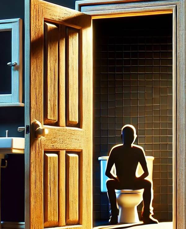 Mann sitzt auf einer Toilette im Badezimmer und hat die Tür dabei offen.