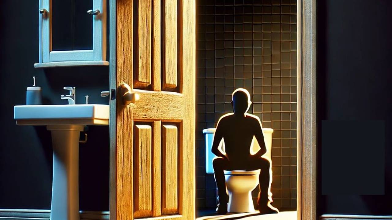 Mann sitzt auf einer Toilette im Badezimmer und hat die Tür dabei offen.