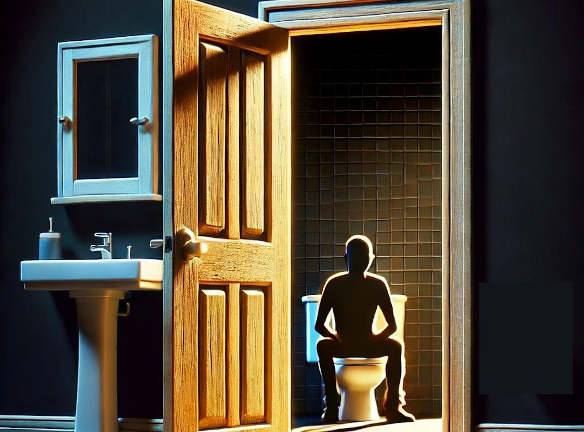 Mann sitzt auf einer Toilette im Badezimmer und hat die Tür dabei offen.