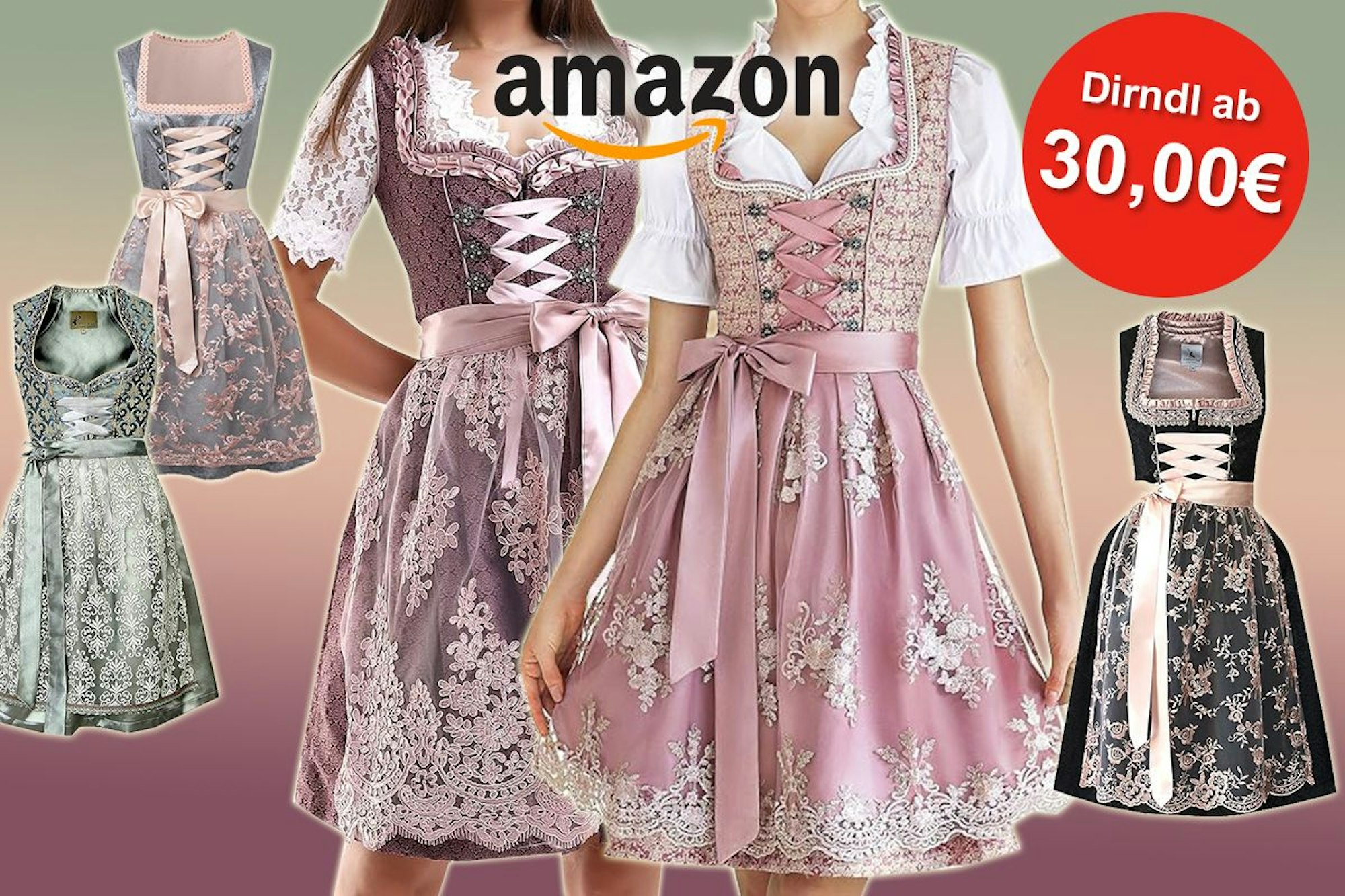Auf dem Bild sind verschiedene Dirndl vor einem Hintergrund angeordnet.