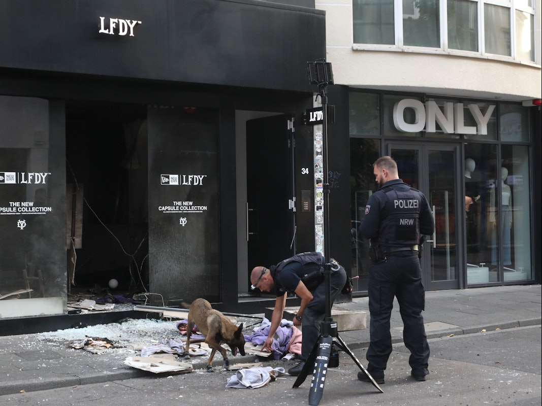 Ein Spürhund untersucht den Tatort auf der Ehrenstraße nach der Explosion.