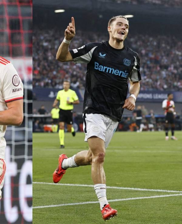 Fotocollage von Harry Kane und Florian Wirtz, beide jubeln.