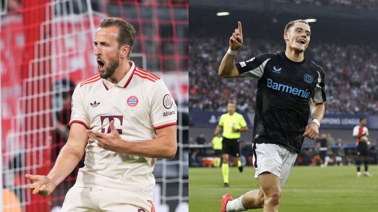 Fotocollage von Harry Kane und Florian Wirtz, beide jubeln.