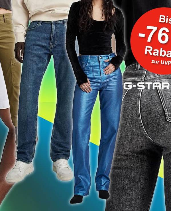 G-Star Raw Mode von Models getragen: Shirts, Tops, Hosen, Jeans. Im Hintergrund blau-grün-gelbe Fläche.