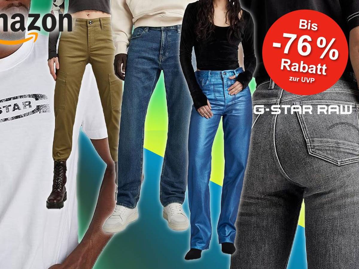 G-Star Raw Mode von Models getragen: Shirts, Tops, Hosen, Jeans. Im Hintergrund blau-grün-gelbe Fläche.