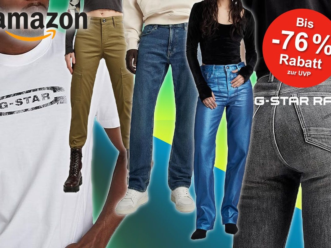 G-Star Raw Mode von Models getragen: Shirts, Tops, Hosen, Jeans. Im Hintergrund blau-grün-gelbe Fläche.