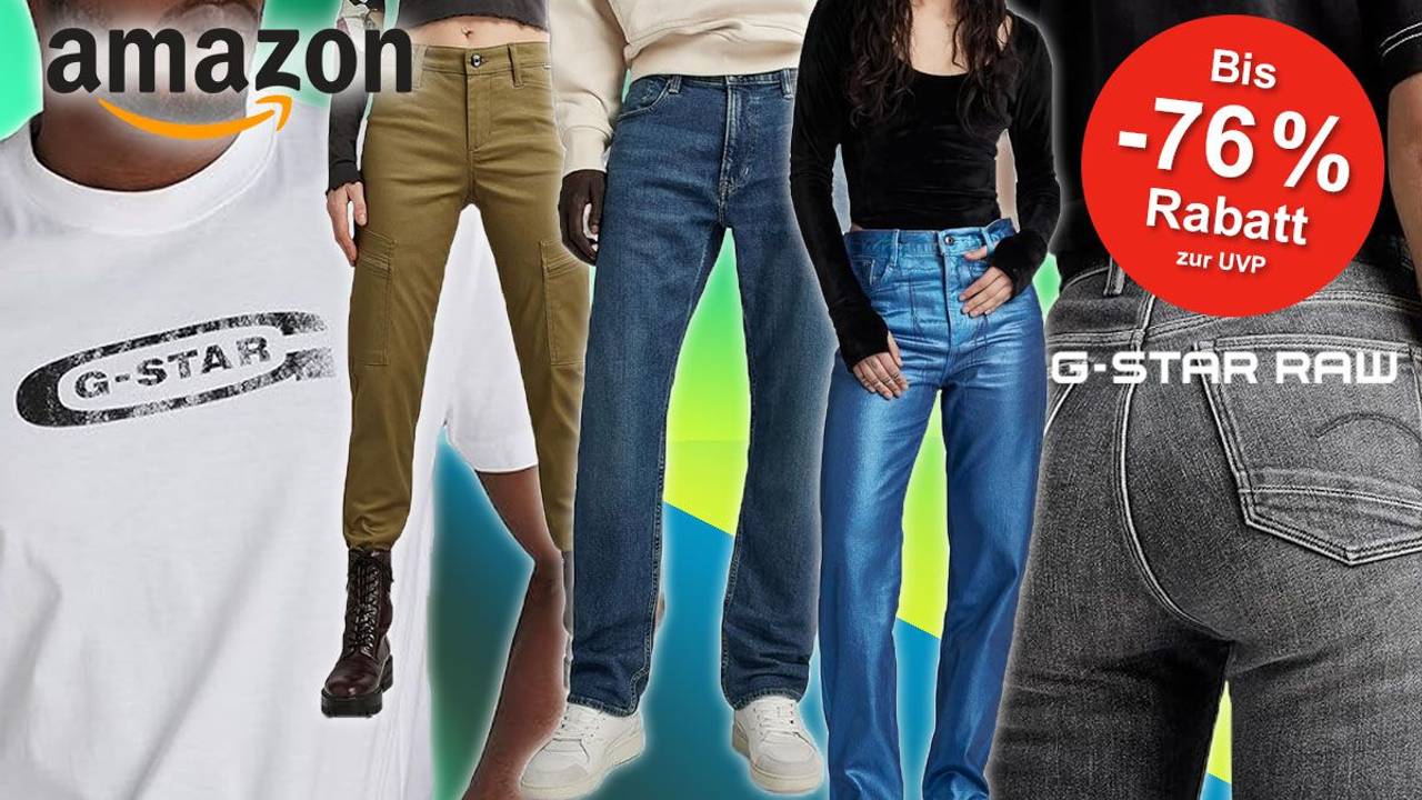 G-Star Raw Mode von Models getragen: Shirts, Tops, Hosen, Jeans. Im Hintergrund blau-grün-gelbe Fläche.