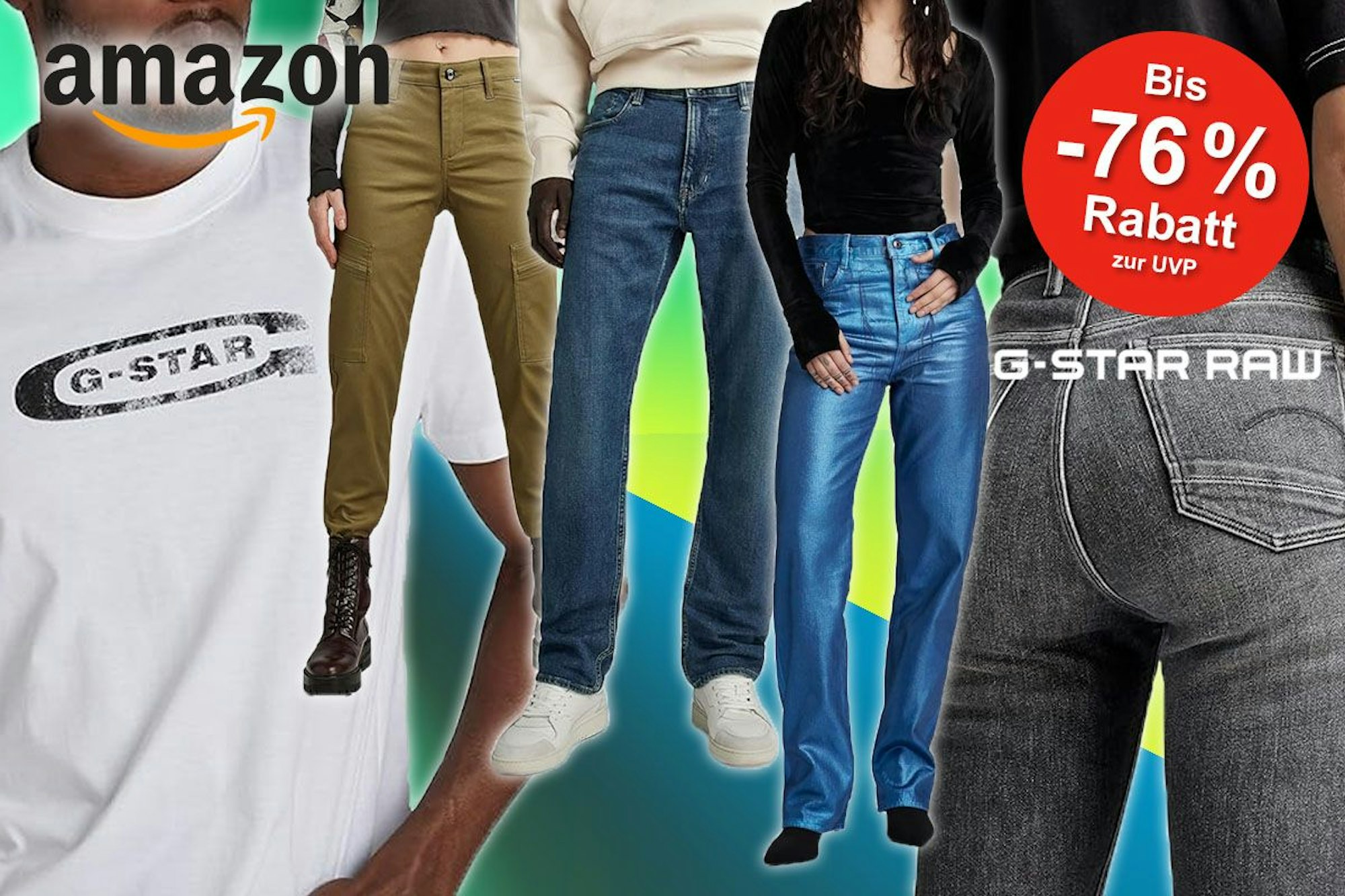 G-Star Raw Mode von Models getragen: Shirts, Tops, Hosen, Jeans. Im Hintergrund blau-grün-gelbe Fläche.