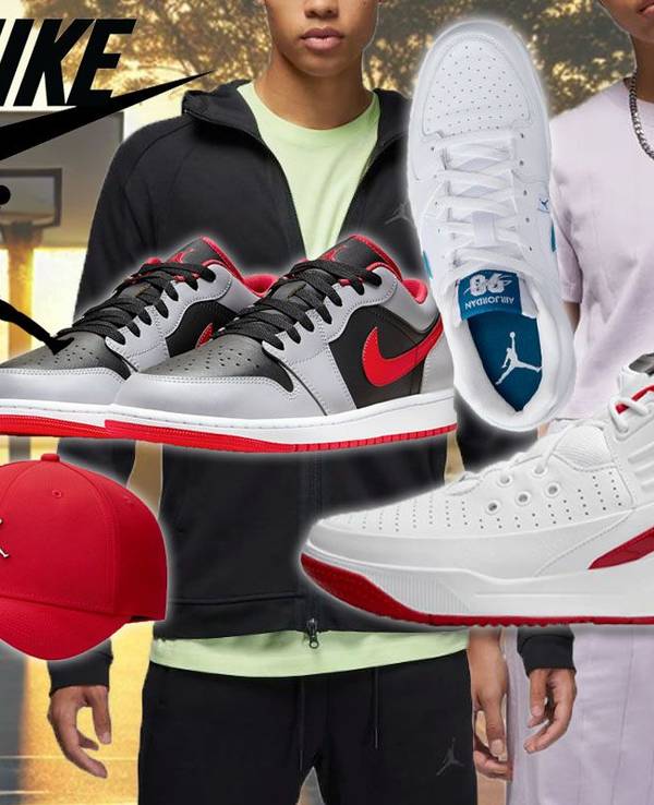 Nike Air Jordan Schuhe wie Jordan One Take 5, Air Jordan 1 Low, Jordan Stadium 90, Jordan Max Aura 5 und Sportmode vor einem Basketballkorb in der Abendsonne.