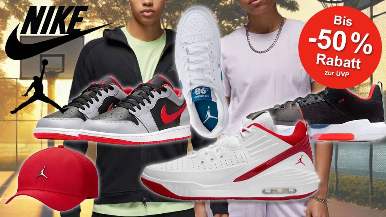 Nike Air Jordan Schuhe wie Jordan One Take 5, Air Jordan 1 Low, Jordan Stadium 90, Jordan Max Aura 5 und Sportmode vor einem Basketballkorb in der Abendsonne.