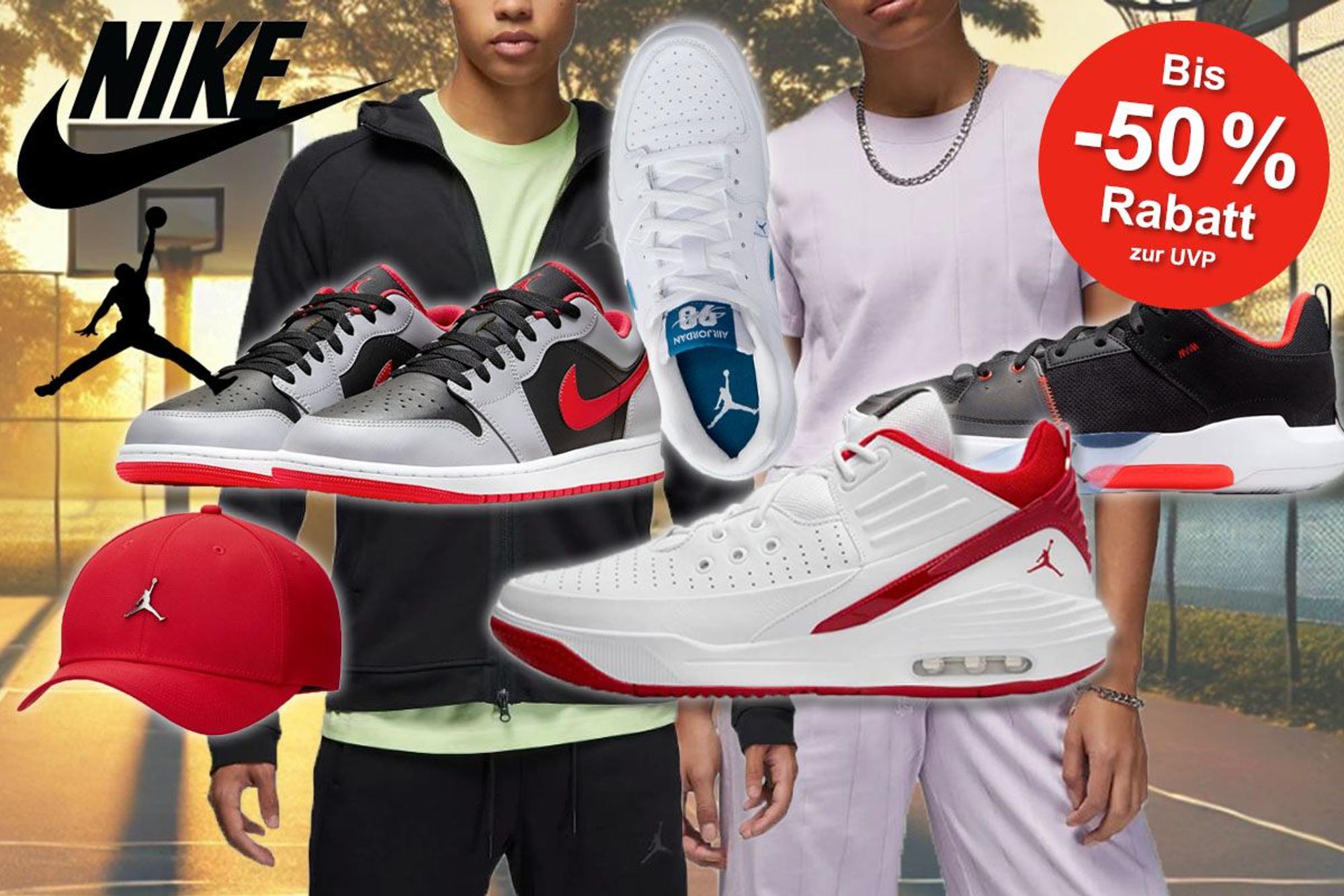 Nike Air Jordan Schuhe wie Jordan One Take 5, Air Jordan 1 Low, Jordan Stadium 90, Jordan Max Aura 5 und Sportmode vor einem Basketballkorb in der Abendsonne.